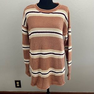 Pink Rose Women's Striped Crew Neck Sweater Dusty Rose, Cream, White, Burgundy